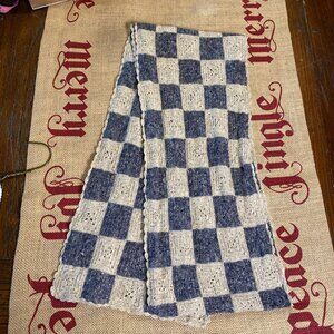 Margaret O’Leary Long Knit Scarf Blue Cream Checkered Linen Wool 80 Inch